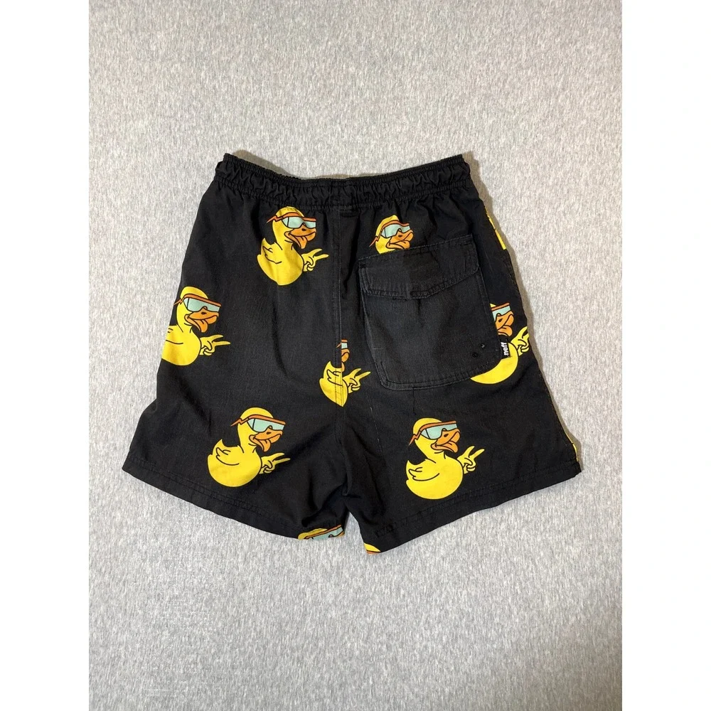 Neff Swim Shorts Mens M Black Yellow Duck Peace Sign Graphic Boardshorts